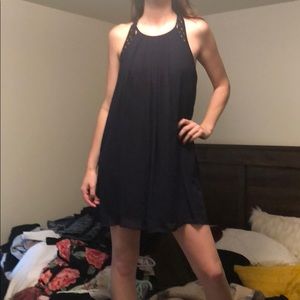 Navy blue A-line dress with braided straps